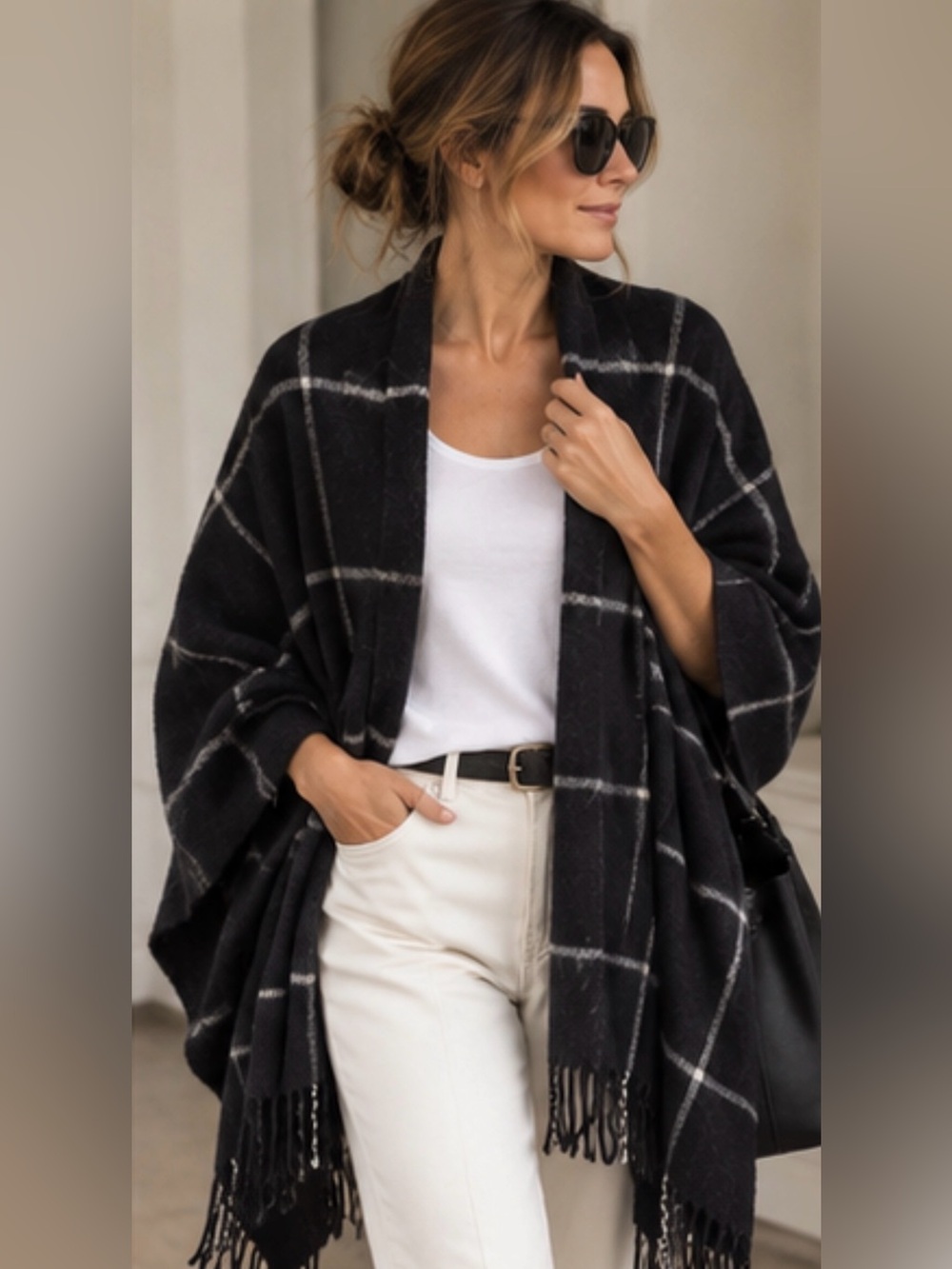 Talbots Made in Italy Black Gray Windowpane Plaid Fringe Shawl Poncho Wrap